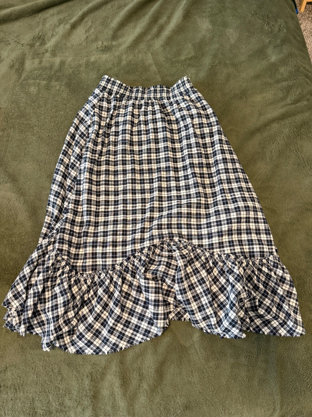 Checked Midi Skirt with Ruffle Hem in Dark Blue and White